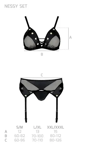 Комплект білизни Passion NESSY Set XXL/XXXL black бюстгальтер пояс для панчіх стрінги - фото 7