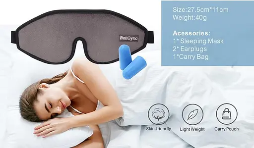 Маска для очей WellSync для сну, 3D контурна маска для сну, пов'язка на очі, накладки на очі з регульованим ремінцем, блокування - фото 2