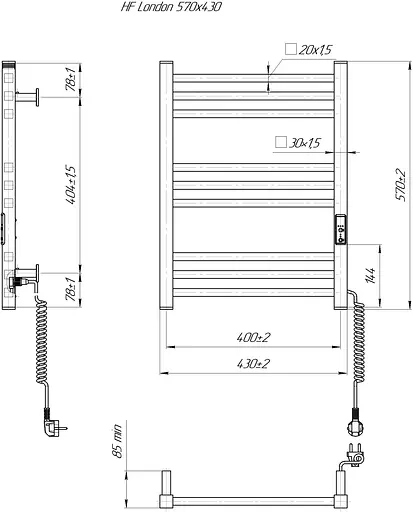 Електрична рушникосушарка HF London 570x430 white matte 6.1.0100.06.WM, Білий матовий, універсальне (коннектор), Електронний - фото 5