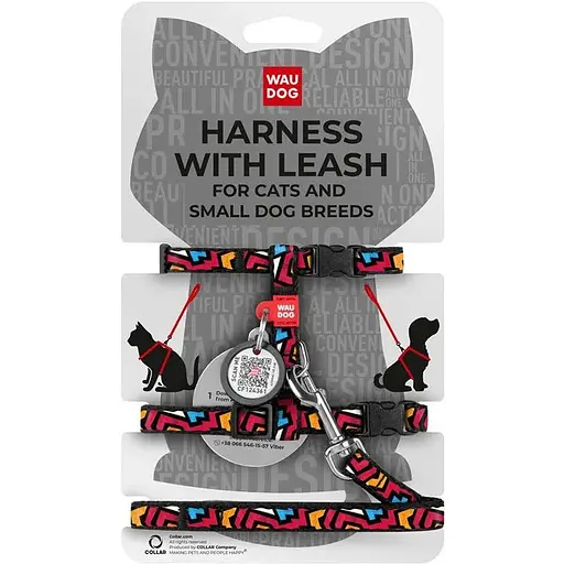 Шлея з повідцем Waudog Nylon з QR паспортом, малюнок "Графіті", пластиковий фастекс