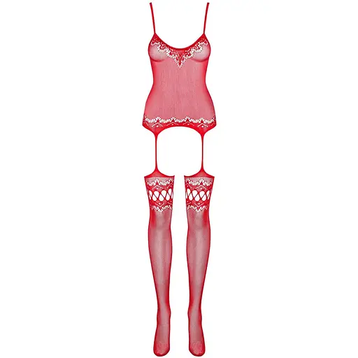 Бодістокінг Obsessive Bodystocking F214 Red S/M/L, імітація корсета та панчіх на підв’язках - фото 5