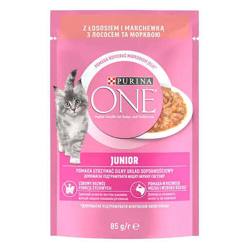 Упаковка влажного корма для котят Purina One Junior с лососем и морковью в соусе 850 г (85 г х 10 шт.) + Сухой корм для котят Purina One Junior с курицей и цельными злаками 450 г в подарок - фото 2