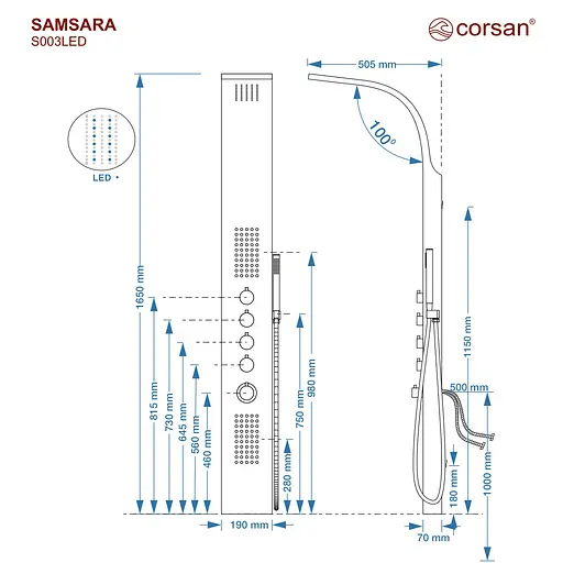 Душова панель Corsan Samsara inox LED з термостатом S003TSLLED, Нержавіюча сталь - фото 3