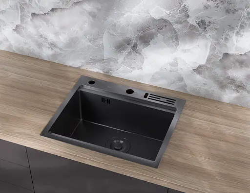 Кухонна мийка чорна з нержавіючої сталі з PVD покриттям мультифункціональна Nett NB-5747, Чорний - фото 7