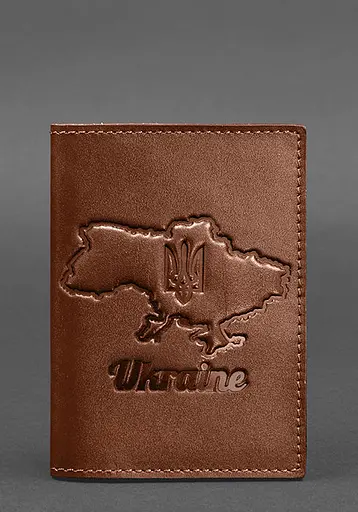 Кожаная обложка для паспорта с картой Украины светло-коричневый краст - фото 1