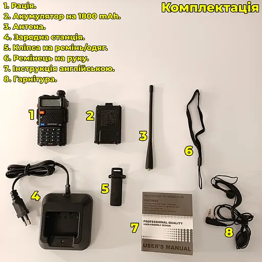 Рація дводіапазонна Baofeng UV-5R (136-174 MHz, 400-520 MHz), 8 Вт, 1800 mAh + ремінець + Гарнітура у подарунок - фото 2