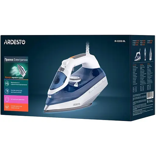 Утюг Ardesto IR-C2232-BL, White/Blue, 2200W, керамика, паровой удар, постоянный пар 35г/мин, резервур 320мл, вертикальное отпаривание, защита от кальцинации, антикапля, плавная регулировка мощности пара, автоматическое отключение - фото 6