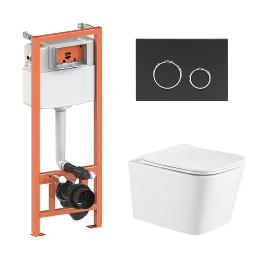 Подвесной унитаз Qtap Crow Ultra Quiet + инсталляция Qtap Nest 4 в 1 (круглая клавиша Black mat), Белый - фото 1