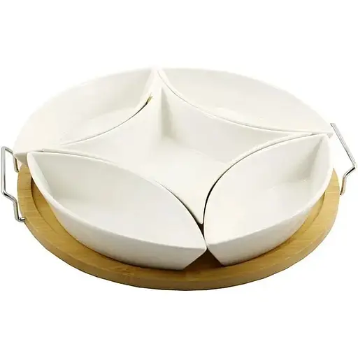 Менажниця Interos порцелянова 5 секційна на підставці 29 см біла (PJ02039)