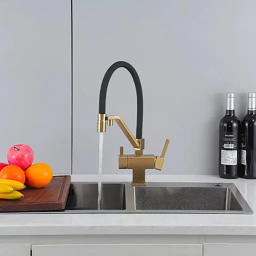 Змішувач для кухні під фільтр з гнучким виливом золото Frap G4395-63 Чорний/золото - фото 2