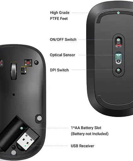 Мышка UGREEN 2.4GHz MU001, беспроводная, 4000dpi., 3кн., черная - фото 3