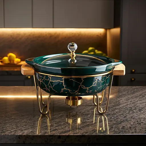 Мармит фарфоровый настольный круглый 800 (мл) мармитница с подогревом Зеленый мрамор Yiwu LC-713 - фото 4