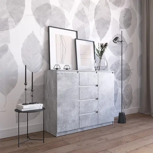 Комод Vays R-11 Бетон-Белые планки, 4 ящика и 2 отделения с полками, без ручек, ЛДСП, 120×40×98 см - для спальни, гостиной