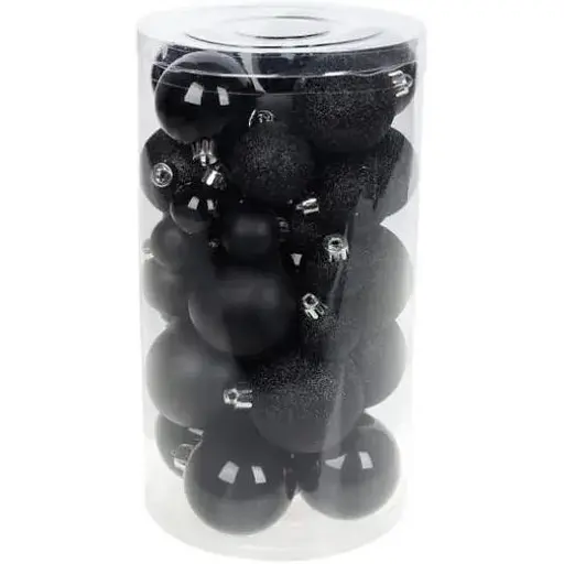 Набір чорних ялинкових куль 40 шт 3 см 4 см 5 см 6 см з гліттером та перламутром пластикові у прозорій тубі - фото 1