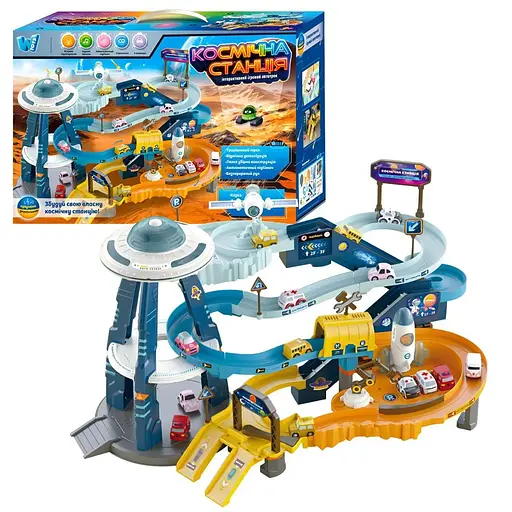 Трек WToys 17040 (8) с подъемником, подсветкой и звуковыми эффектами, 4 машинками и серпантином.