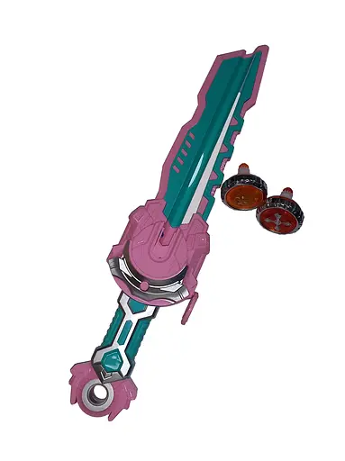 Игра HZY777-101A-102A BBL, юла 4,5см 2шт, запускалка меч 40см, свет, в коробке (6903317652488) Розовый - фото 1