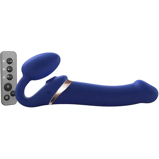 Безремневий вібрострапон Strap-On-Me Multi Orgasm Blue L регульований із вакуумною стимуляцією