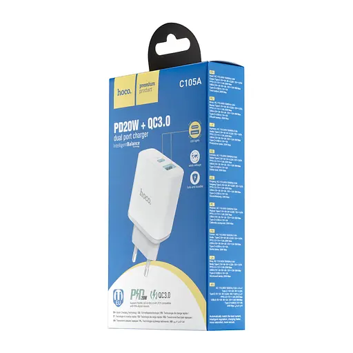 Сетевое зарядное устройство Hoco C105A Stage dual port PD20W + QC3.0 charger (EU) Белый - фото 2