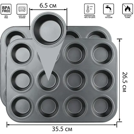 Форма для випічки кексів і мафінів на 12 комірок з антипригарним покриттям 35.5х26.5х3 см, A-plus Чорний 87116 - фото 6