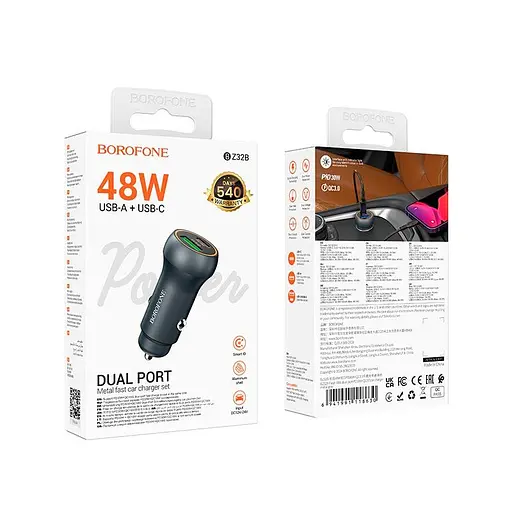 Адаптер автомобильный Borofone Fresh dual port PD car charger BZ32B | 1Type-C/1USB, 48W/3A, PD/QC| - фото 2