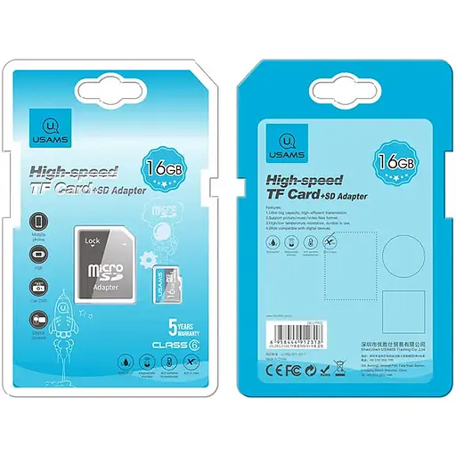 Карта памяти Usams US-ZB117 (TF High Speed ​​Card) microSDHC Class 10, 16GB с адаптером Blue - фото 2
