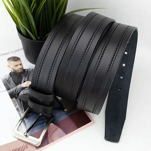 Ремень мужской кожаный батальный SF-3597 (150 см) черный под брюки - фото 2