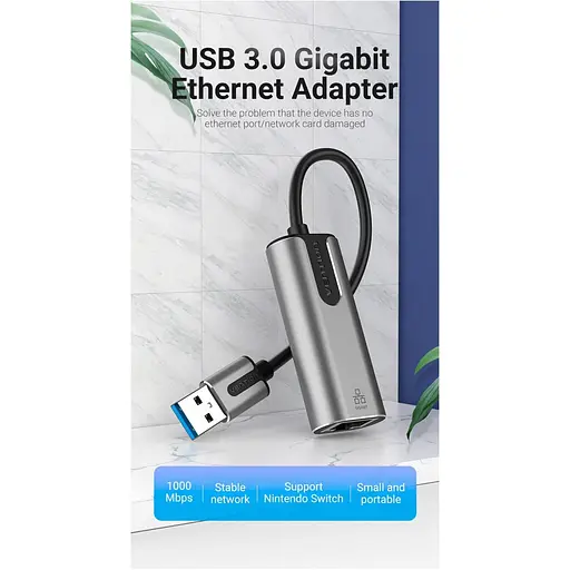 Адаптер Vention USB 3.0-A to Gigabit Ethernet Adapter Gray 0.15M Aluminum Alloy Type (CEWHB) - фото 3