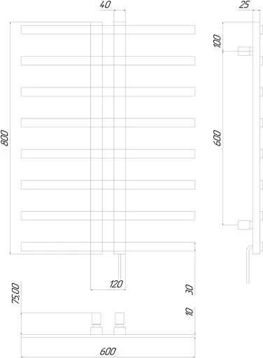 Електрична рушникосушарка Kosser Флай 800x600 E ДФ01EL, Чорний матовий, Ліве - фото 2