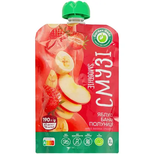 Пюре фруктовое Garden Gadz Смузи яблоко-банан-клубника гомогенизированное стерилизованное 190 г
