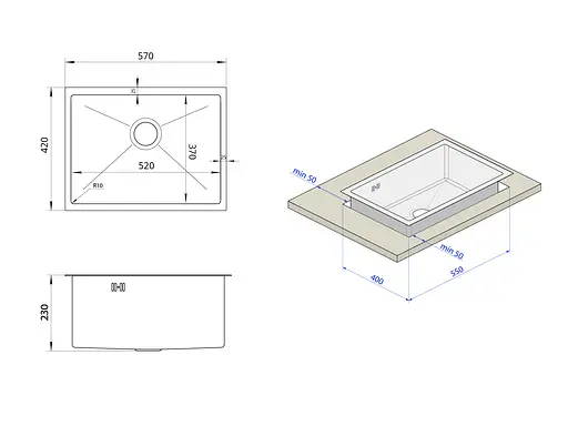 Кухонна мийка під стільницю з нержавіючої сталі Nett NS-5742U, Нержавіюча сталь - фото 9