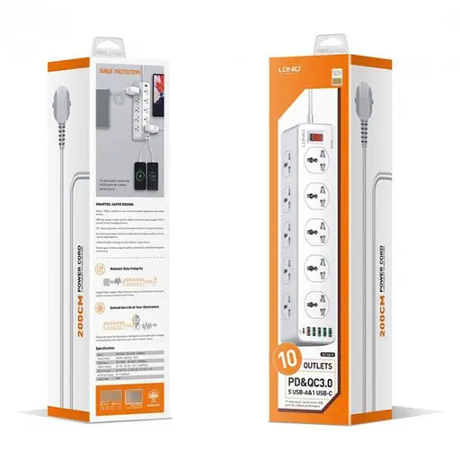 Сетевое зарядное устройство удлинитель LDNIO SC10610EU 5 USB/ Type-C QC PD 10 розеток 2m серо-белый - фото 4