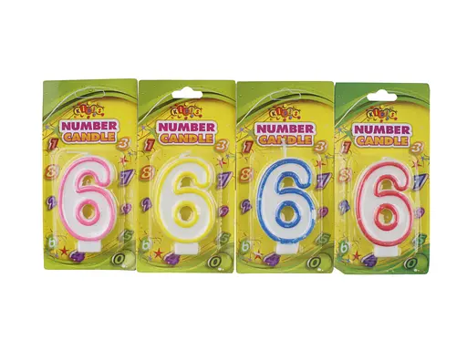 Свічка-цифра з кольоровим контуром, цифра 6, 4 шт. в упаковці
