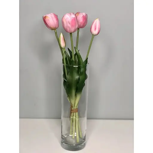 Тюльпани штучні Hvoya Real Touch латексні піоновидні букет 5 квіток ніжно-рожеві