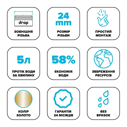 Водозберігаючий аератор Drop CL24-GLD для змішувача - Економія 58%, зовнішня М 24 мм, золотий - фото 6