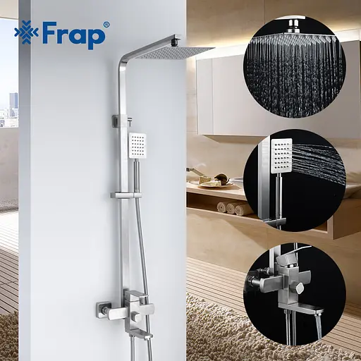 Душова система Frap F2421, поворотний вилив - перемикач на лійку, 1 режим, нержавіюча сталь - фото 2