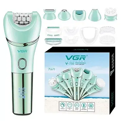 Епілятор жіночий VGR V-756 (7 насадок) вологозахист Зелений