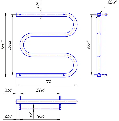 Водяной полотенцесушитель Mario Змейка ∅25 с полкой 525x600/500 1.1.2603.04.P, Хром, нижнее - фото 2