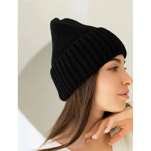 Женская вязаная шапка бини класик 20% шерсть с отворотом Черный - фото 1