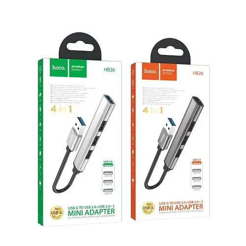Usb hub Hoco HB26 4 in 1 adapter USB to USB 3.0+USB 2.0 x 3 Metal Grey - фото 4