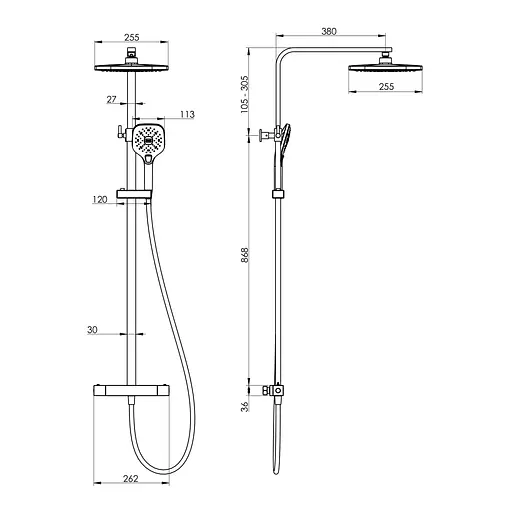 Душова система із термостатом Imprese Centrum LT верхній душ 255 мм ABS квадрат хром T-15260LT, Хром - фото 7