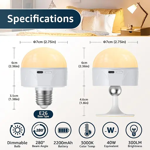 Лампи, що перезаряджаються, акумуляторні лампи E26 потужністю 40 Вт, лампи зі зміною кольору з дистанційним керуванням - фото 5