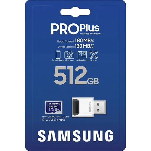 Карта памяти Samsung microSDXC 512GB Class 10 UHS-I U3 V30 A2 PRO Plus + W/Reader (MB-MD512SB/WW) (134223) - фото 6
