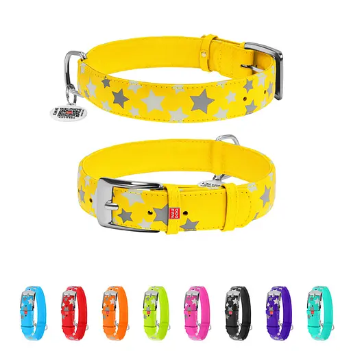 Ошейник для собак кожаный Waudog Glamour с QR-паспортом узор "Звездочка" светонакопительный Ш 35 мм Д 46-60 см желтый - фото 2