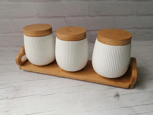 Набір банок для сипучих 3 предмети Interos PJ03430-S 001 на дерев'яній підставці - фото 3