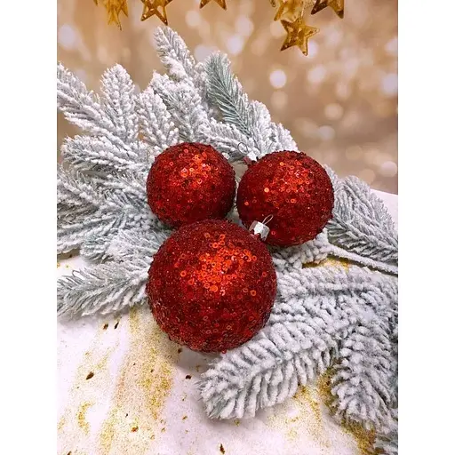 Набір ялинкових куль Паєтка 80 мм 6 шт Червоний - фото 1