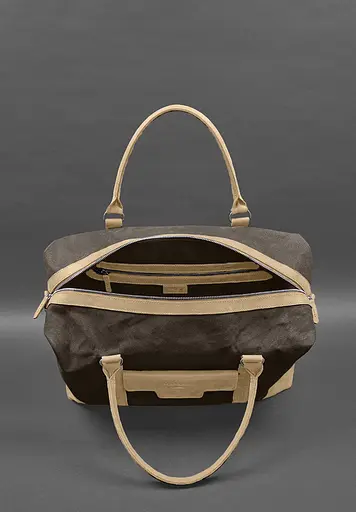 Дорожная сумка из коричневого конваса и натуральной кожи Crazy Horse светло-бежевая - фото 5