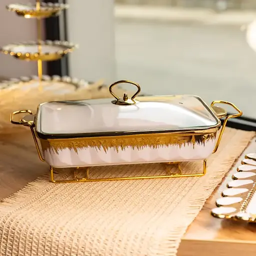 Мармітниця порцелянова Yiwu 2 л прямокутна на металевій підставці зі скляною кришкою 40х22.5х15.5 см марміт для перших страв ML789-15 - фото 2