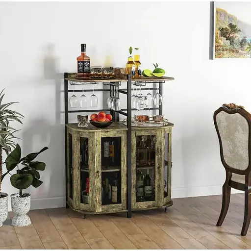 Стеллаж Costway Marvo барный с держателем бокалов в стиле Loft бежевый - фото 2