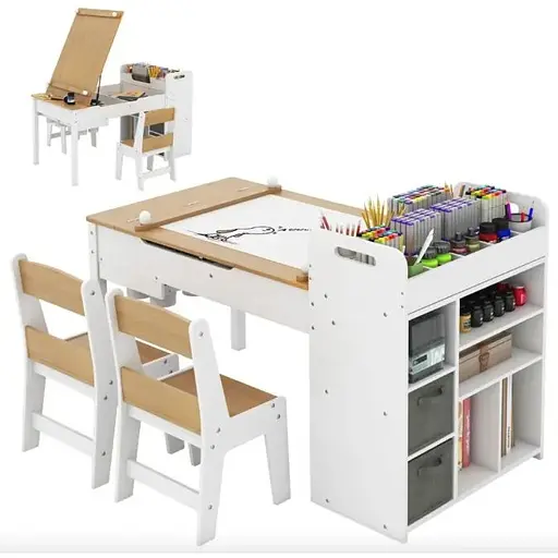 Детский набор Costway Fantastik 3 в 1: стол, 2 стула, мольберт натуральный - фото 2