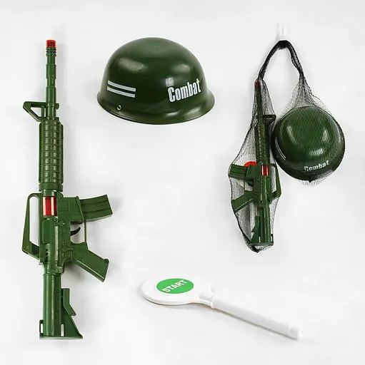 Військовий набір 787-4 каска, автомат, аксесуари, в сітці (6984379400477) - фото 1